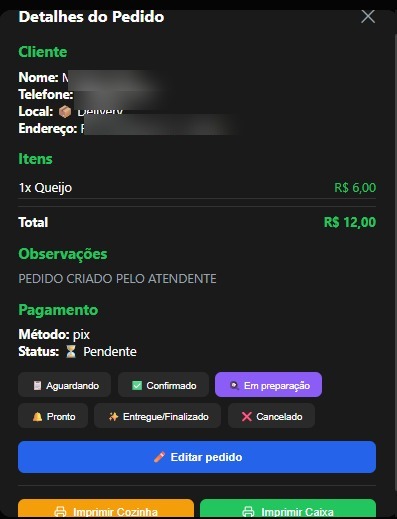 Detalhes de um pedido no MenuGestor