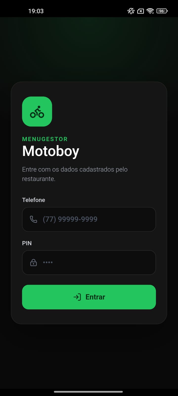 Tela de login do aplicativo MenuGestor Motoboy